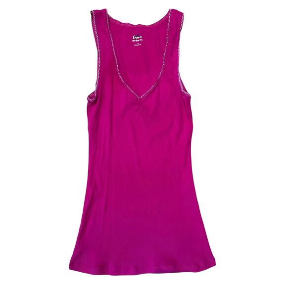 Y2K Express Sexy Basic V-Neck Ribbed Tank Small Pink Silver Embellishment Trim - Picture 1 of 3